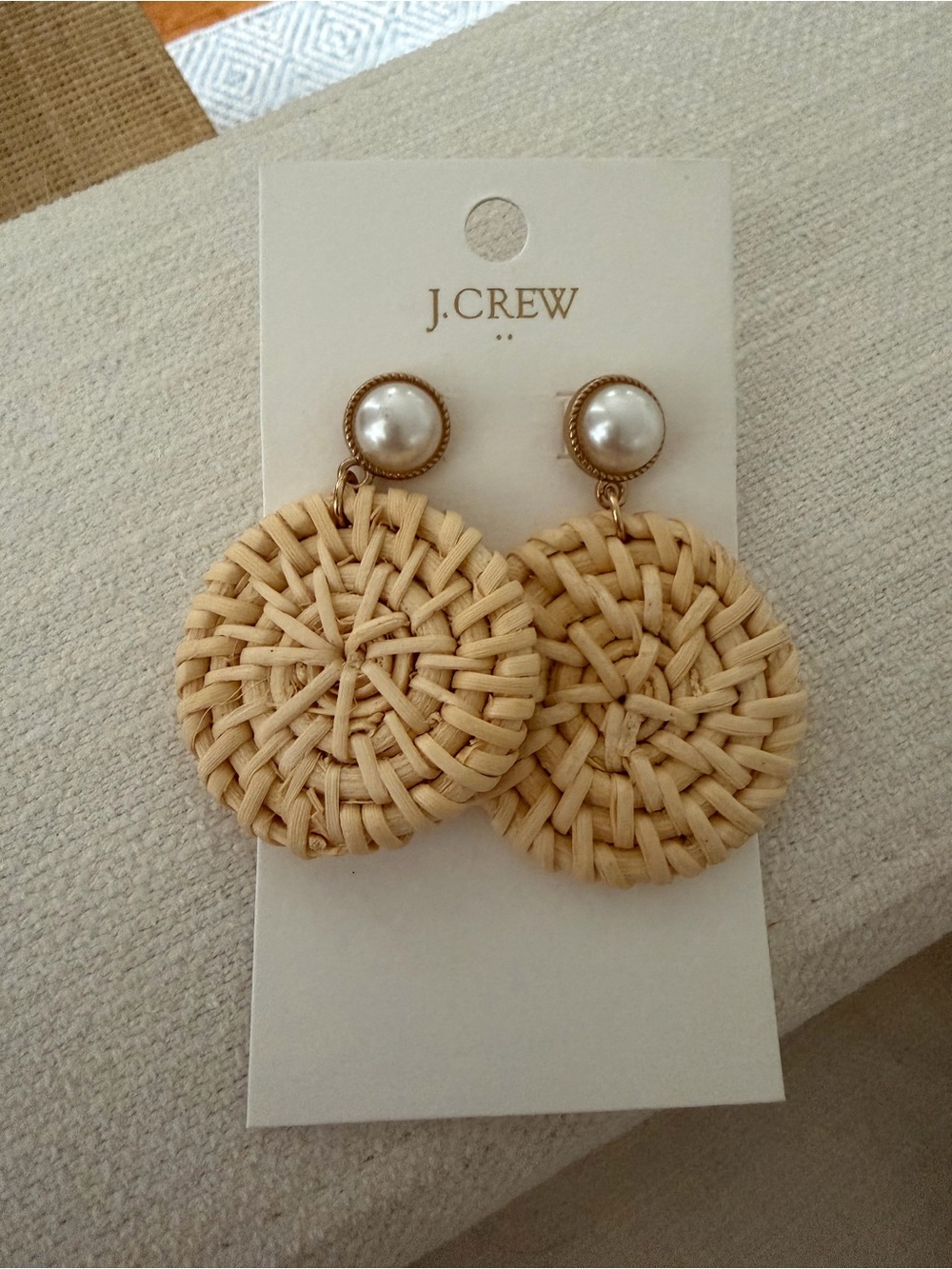 J. Crew Cream Woven Rattan Drop Earrings with Pearl Studs